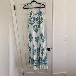 Beau and Ro Block Print Westport Maxi with tie straps and pockets. Blue/white XS